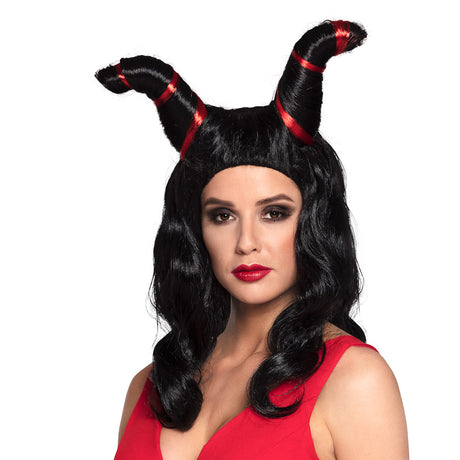 Black demon fury wig for women with horns, perfect for adult Halloween costumes, made of 100% polyester.