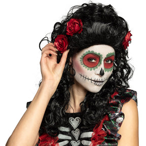 Black Catrina wig for women with roses, perfect for Day of the Dead or Halloween costumes, made from 100% polyester and packaged in a box.