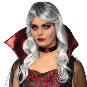 Women's vampire wig for Halloween costume, long black synthetic hair, adult size, 100% polyester, packaged in a box.