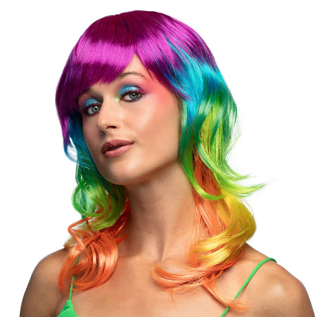 Colorful 90s style Kandy wig for women, multicolor synthetic polyester costume accessory, perfect for old school parties and adult events.
