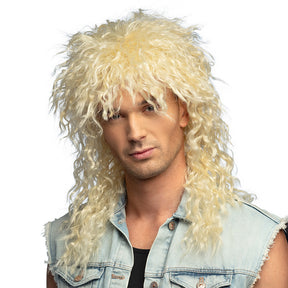 Blonde rocker wig for men made of 100% polyester, adult size, packaged in a box, ideal for rock and punk costumes.