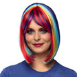 Colorful rainbow wig for adults made of 100% polyester, unisex design, packaged in a box, ideal for costumes and parties.