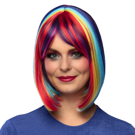 Colorful rainbow wig for adults made of 100% polyester, unisex design, packaged in a box, ideal for costumes and parties.