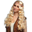 Blonde hippie wig for women with headband, 100% polyester, perfect for 60s and 70s costume parties.
