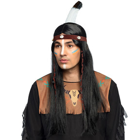 Black Takoda wig for men with headband and feather, 100% polyester, adult costume accessory in box packaging.