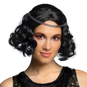 Black 1920s flapper wig for women with headband, adult costume accessory, polyester material, perfect for vintage party or Gatsby themed events.