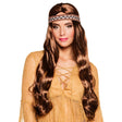 Brown Harmony wig for women with headband, 60s and 70s hippie style, adult costume accessory made of polyethylene and polyester.
