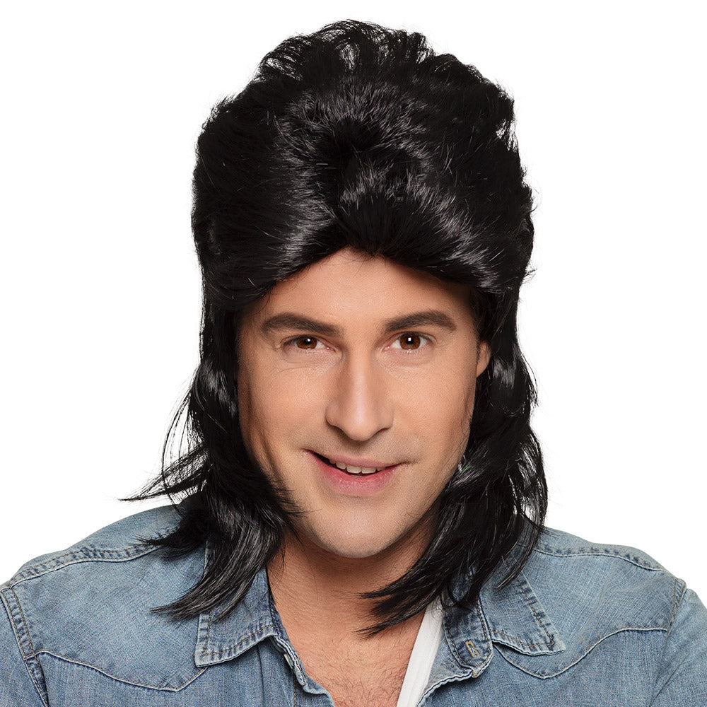 Black Jimmy wig for men made of polyethylene and polyester, adult size, displayed in a box.