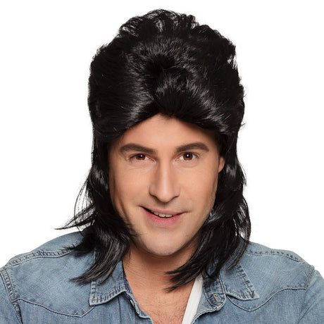 Black Jimmy wig for men made of polyethylene and polyester, adult size, displayed in a box.