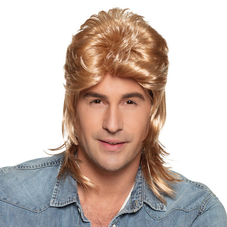Blonde men's wig made of 90% polyethylene and 10% polyester, styled for adults, displayed in a box packaging.