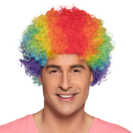 Colorful rainbow pop wig for adults, made of 100% polyester, ideal for circus costumes and parties.