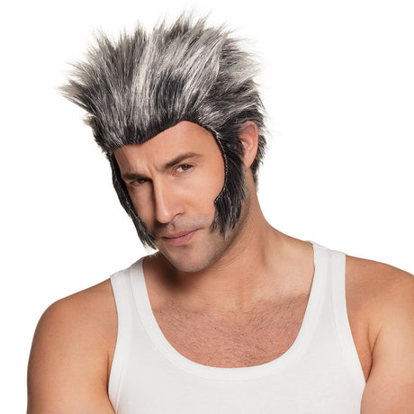 Gray werewolf wig for men, adult Halloween costume accessory made of 100% polyester, horror-themed, packaged in a box.