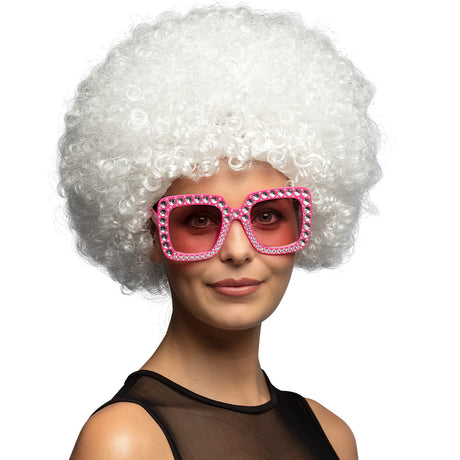 White Groove wig for adults, 80s disco style, unisex, made of polyethylene and polyester, displayed in a box.