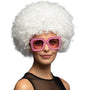 White Groove wig for adults, 80s disco style, unisex, made of polyethylene and polyester, displayed in a box.
