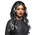 Black swamp witch wig for women, adult Halloween costume accessory made of 100% polyester, packaged in a box.