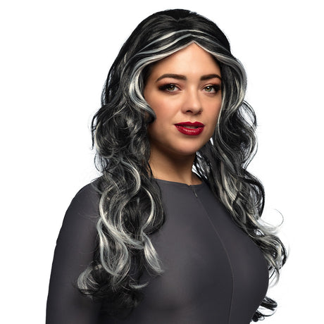 Black swamp witch wig for women, adult Halloween costume accessory made of 100% polyester, packaged in a box.