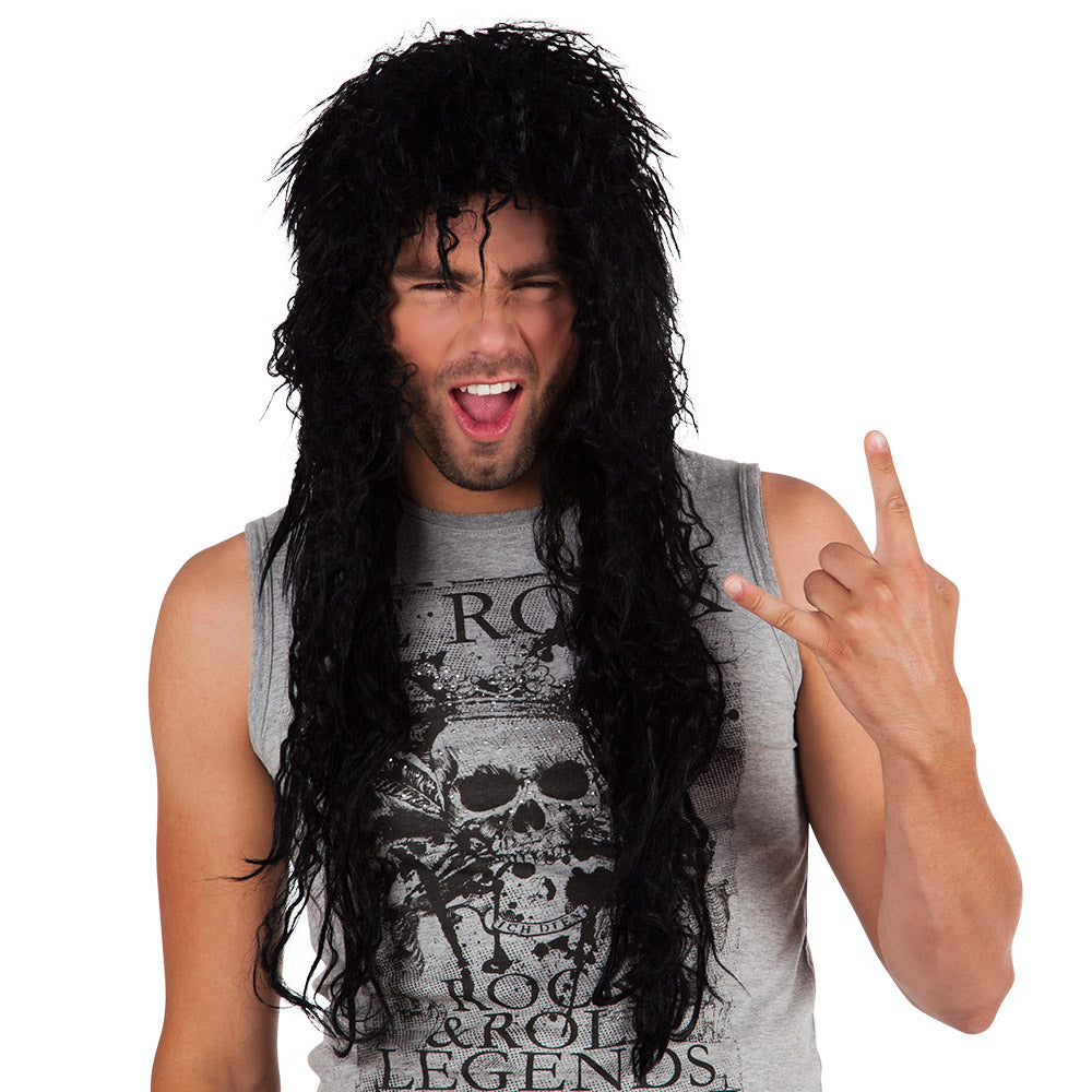 Black Cooper wig for men, 100% polyester, rock and punk style, adult costume accessory in box packaging.