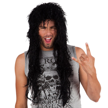 Black Cooper wig for men, 100% polyester, rock and punk style, adult costume accessory in box packaging.