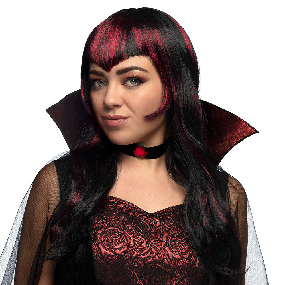 Red vampire wig with streaks for women, perfect for Halloween costumes, made of 100% polyester, adult size, packaged in a box.