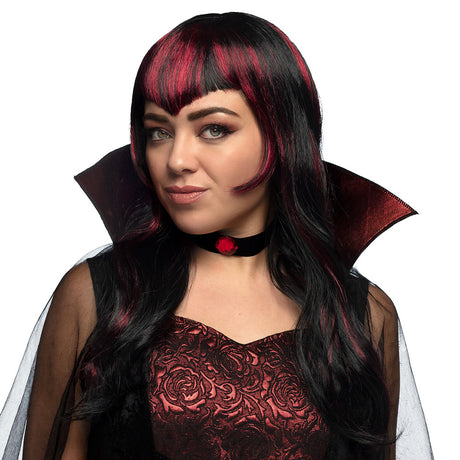 Red vampire wig with streaks for women, perfect for Halloween costumes, made of 100% polyester, adult size, packaged in a box.