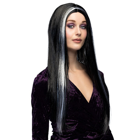 Black and white witch wig for women, perfect Halloween costume accessory, made of 100% polyester, adult size.