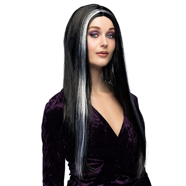 Black and white witch wig for women, perfect Halloween costume accessory, made of 100% polyester, adult size.