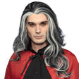 Gray vampire wig for men, adult Halloween costume accessory made of 100% polyester, packaged in a box.