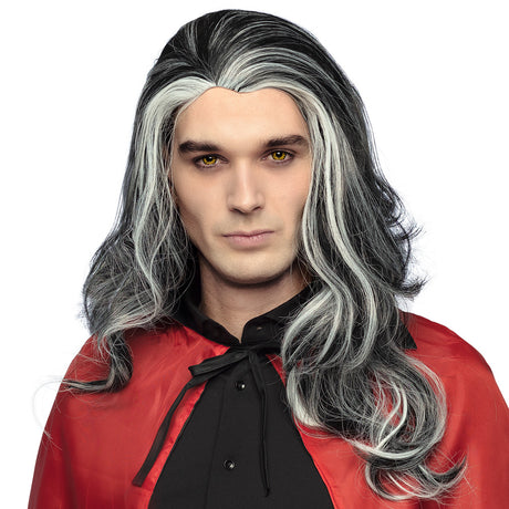 Gray vampire wig for men, adult Halloween costume accessory made of 100% polyester, packaged in a box.