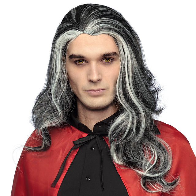 Gray vampire wig for men, adult Halloween costume accessory made of 100% polyester, packaged in a box.