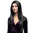 Black witch wig for women, adult Halloween costume accessory made of 100% polyester, packaged in a box.