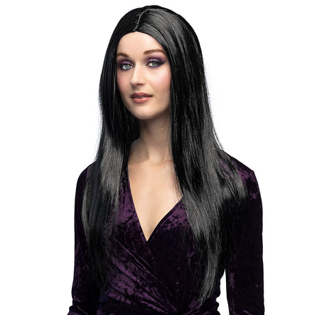 Black witch wig for women, adult Halloween costume accessory made of 100% polyester, packaged in a box.