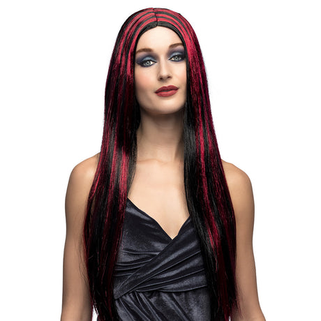 Black and red striped witch wig for women, perfect Halloween costume accessory made of 100% polyester, adult size.