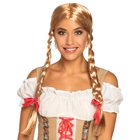 Blonde Heidi wig for women made of 100% polyester with ribbons, ideal for Oktoberfest costumes, packaged in a box.