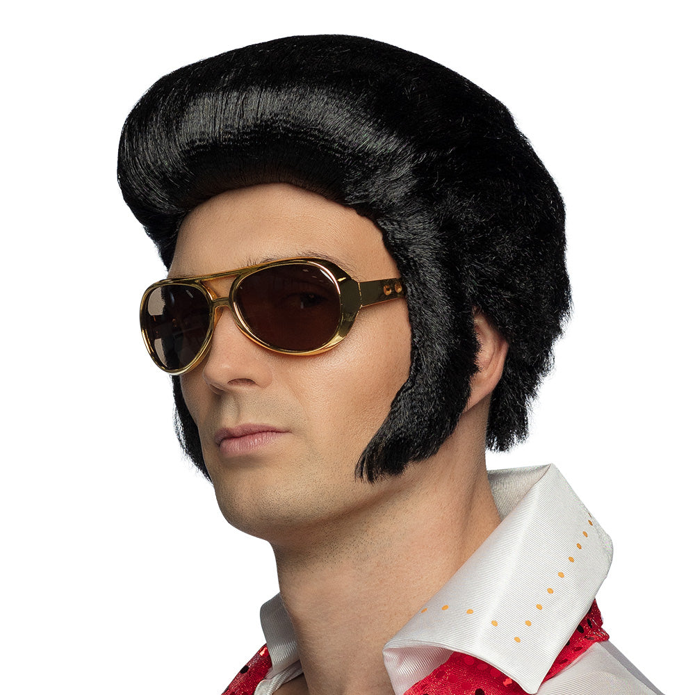 Deluxe Rock 'n Roll wig for men, black polyester, 1950s style, adult costume accessory in box packaging.