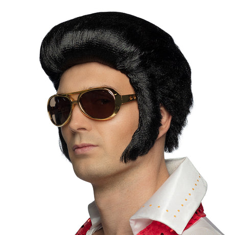 Deluxe Rock 'n Roll wig for men, black polyester, 1950s style, adult costume accessory in box packaging.