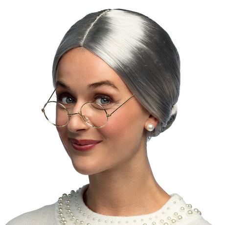 Gray granny wig for women made of 100% polyester, adult costume accessory displayed in a box.