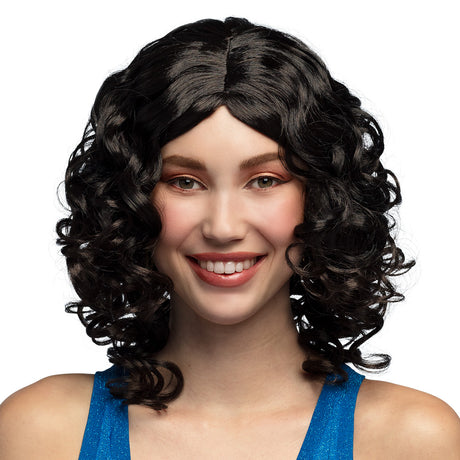 Black cocktail wig for women made of 100% polyester, adult size, displayed in a box.