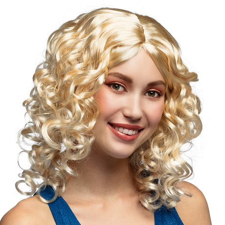 Blonde cocktail wig for women made of 100% polyester, adult size, displayed in a box.