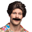Brown men's wig with matching mustache, made of 100% polyester, displayed in a box, ideal for adult costume or cosplay.