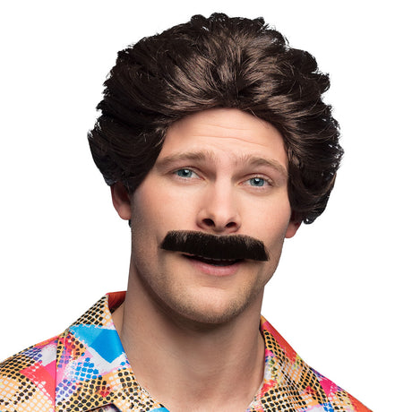 Brown men's wig with matching mustache, made of 100% polyester, displayed in a box, ideal for adult costume or cosplay.
