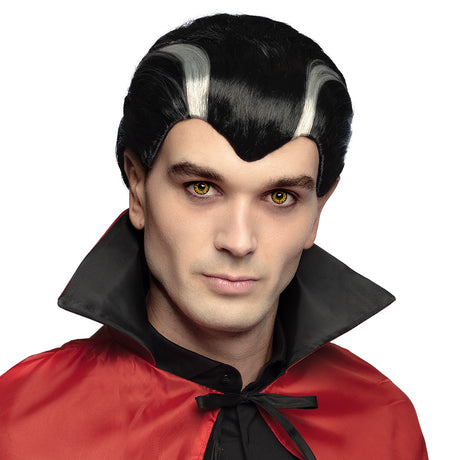 Black vampire wig for men, adult Halloween costume accessory made of 100% polyester, packaged in a box.