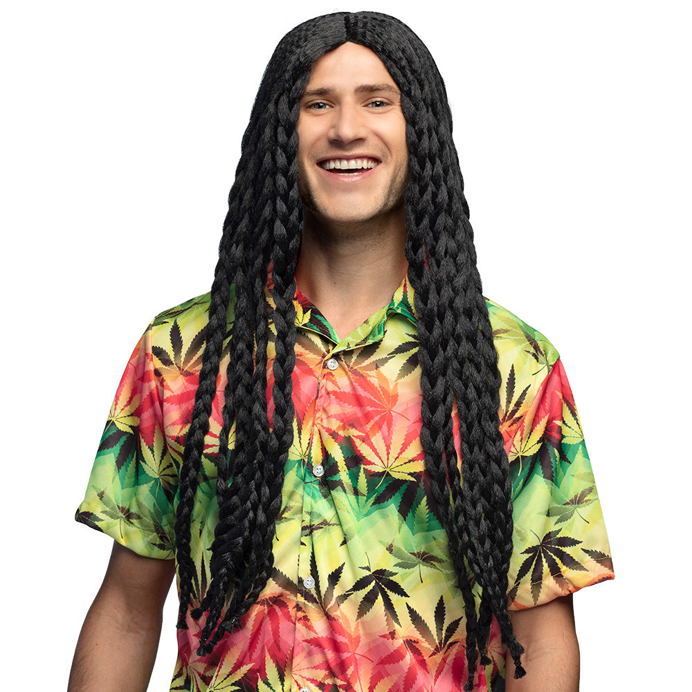 Black rasta wig for adults made of 100% polyester, suitable for men and women, packaged in a box.