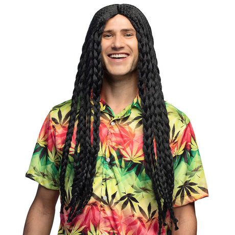 Black rasta wig for adults made of 100% polyester, suitable for men and women, packaged in a box.
