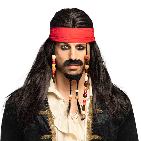 Brown pirate wig set for adults featuring a bandana, mustache, beard with beads, made of 100% polyester, ideal for men's pirate costumes.