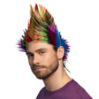 Multicolor spiky wig for men, punk rock style, made of 100% polyester, adult costume accessory in box packaging.