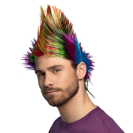 Multicolor spiky wig for men, punk rock style, made of 100% polyester, adult costume accessory in box packaging.
