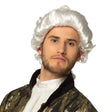 Men's baroque white wig with ribbon, 100% polyester, adult costume accessory in box packaging.