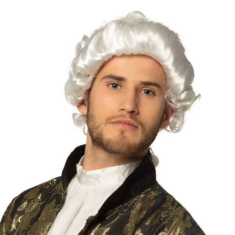 Men's baroque white wig with ribbon, 100% polyester, adult costume accessory in box packaging.