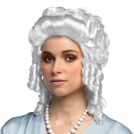 Women's baroque white wig made of 100% polyester, adult costume accessory in box packaging.