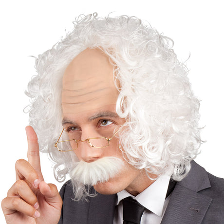 White professor wig with attached mustache and glasses for adult men, party costume accessory made of polyester, latex, and copper.